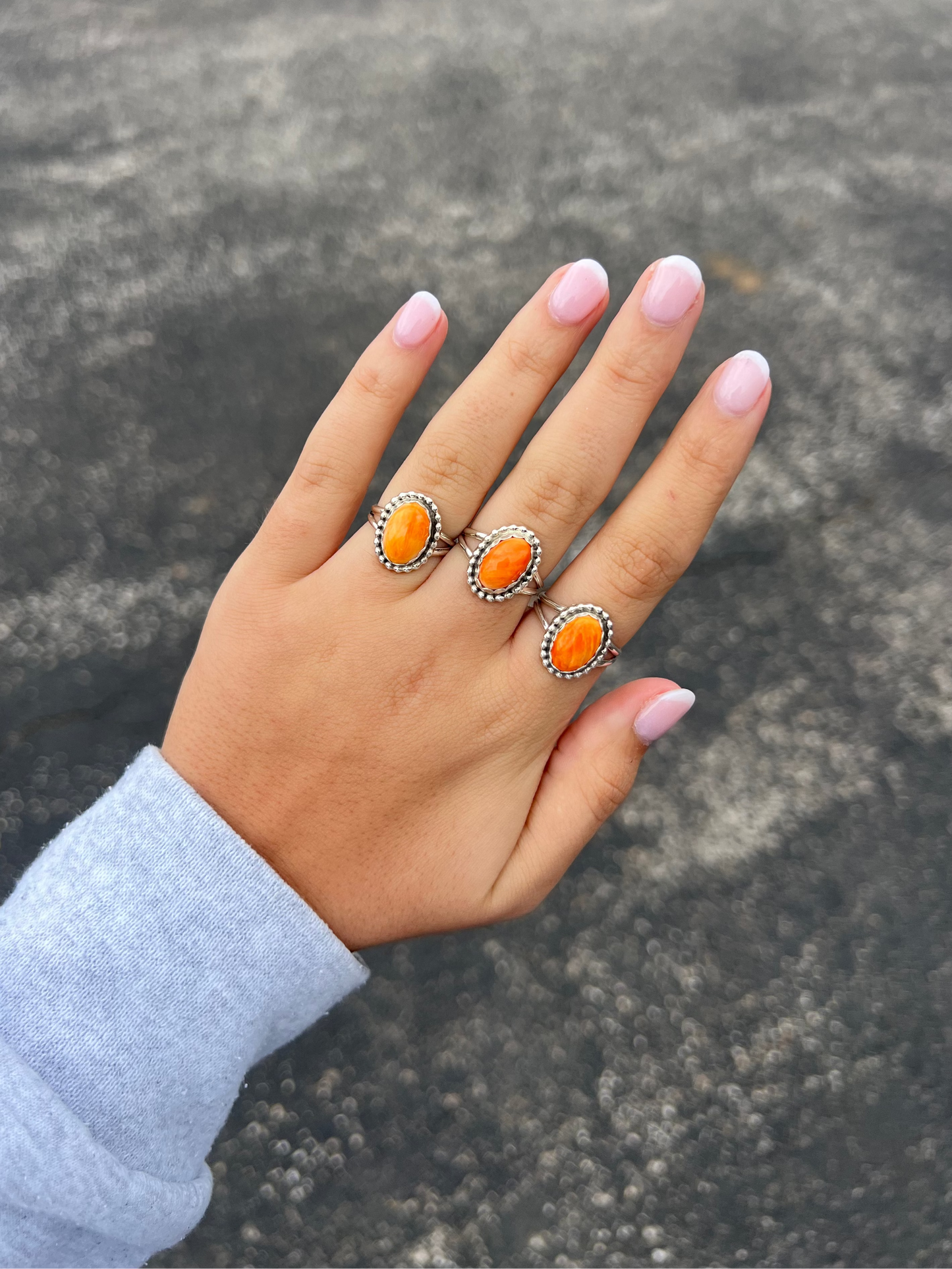 Beaded Oval Orange Spiny Oyster Sterling Silver Ring