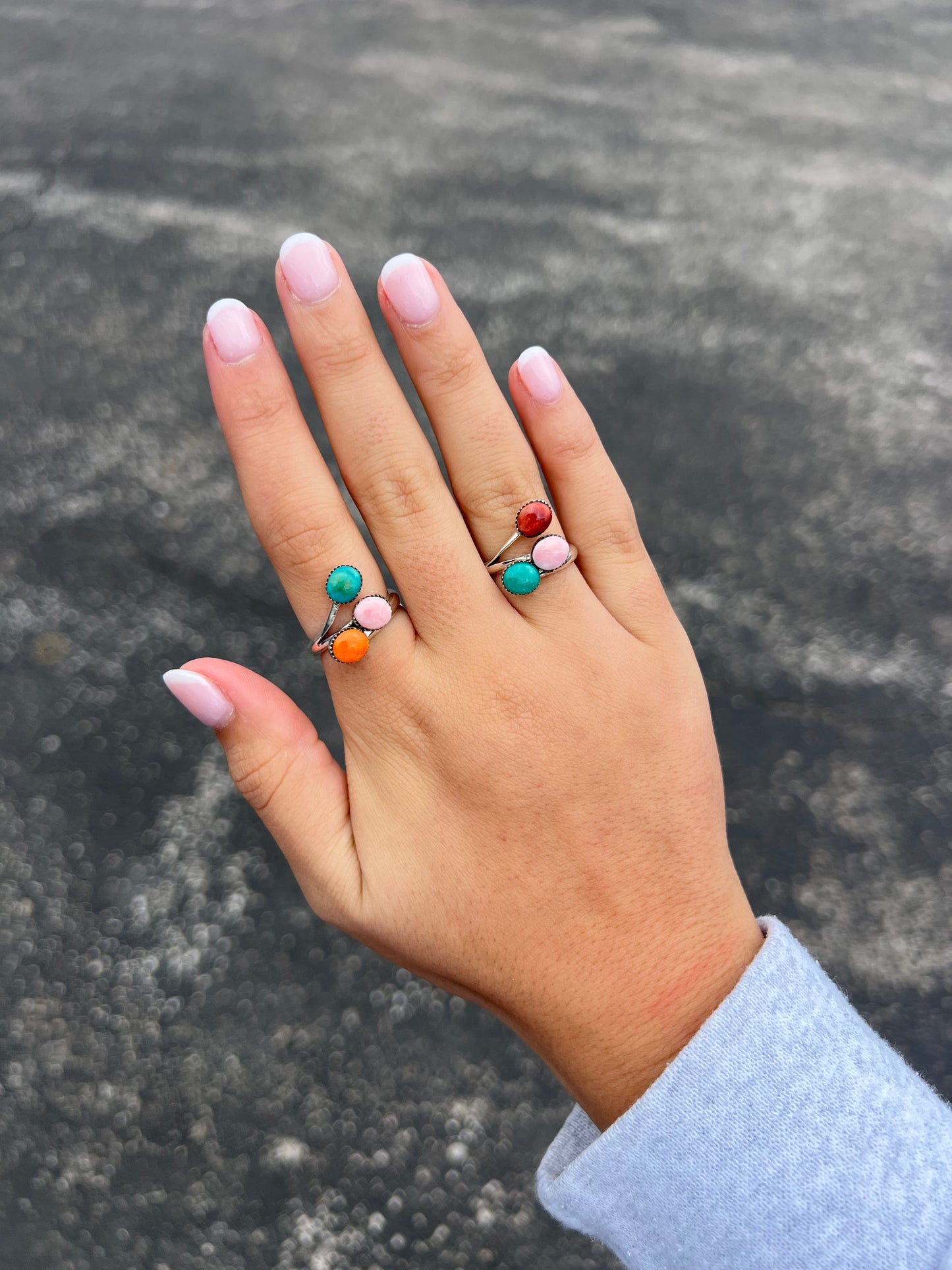 3 Stone Turquoise, Pink Conch, & Spiny Oyster Sterling Silver Ring