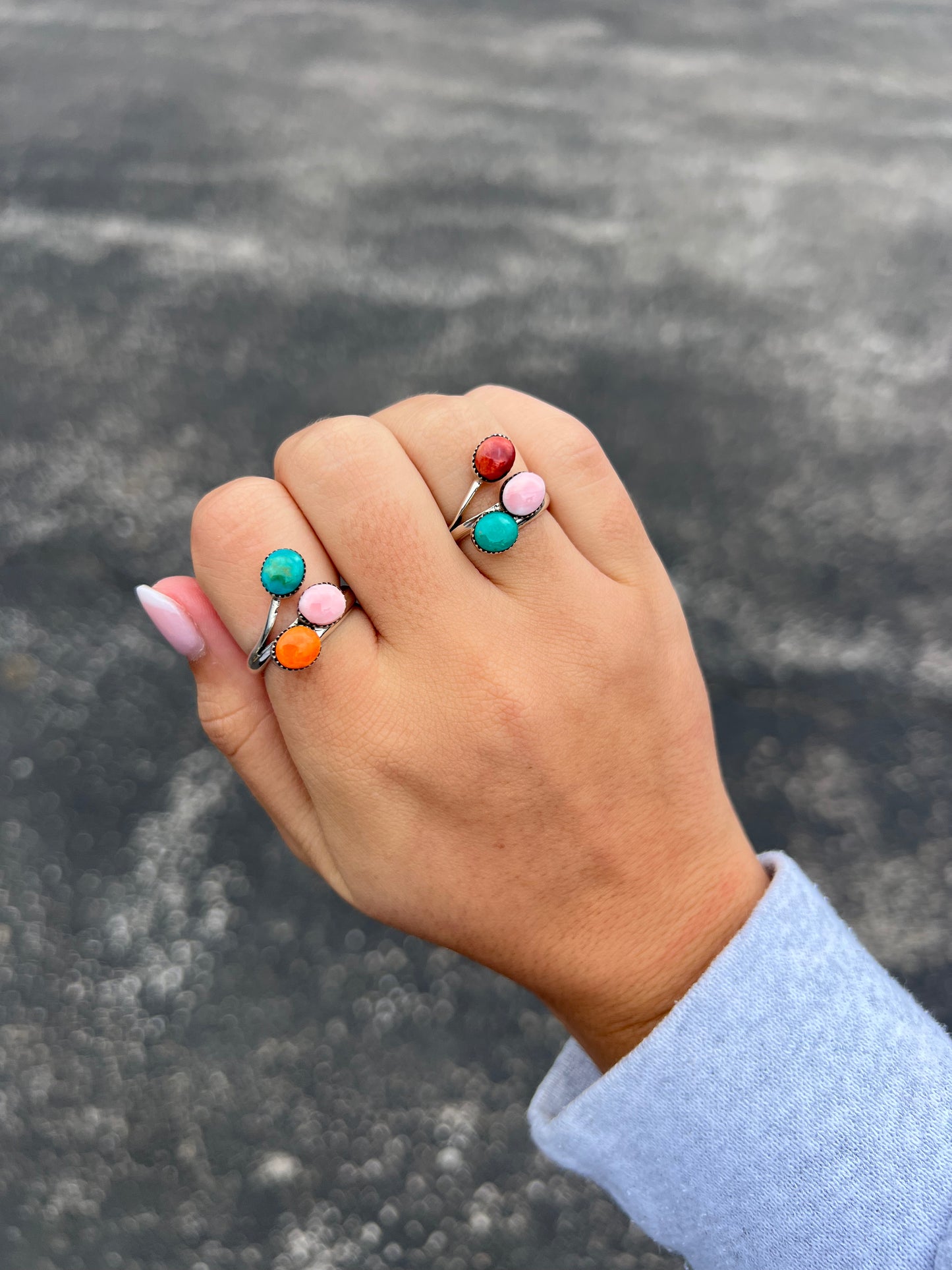 3 Stone Turquoise, Pink Conch, & Spiny Oyster Sterling Silver Ring