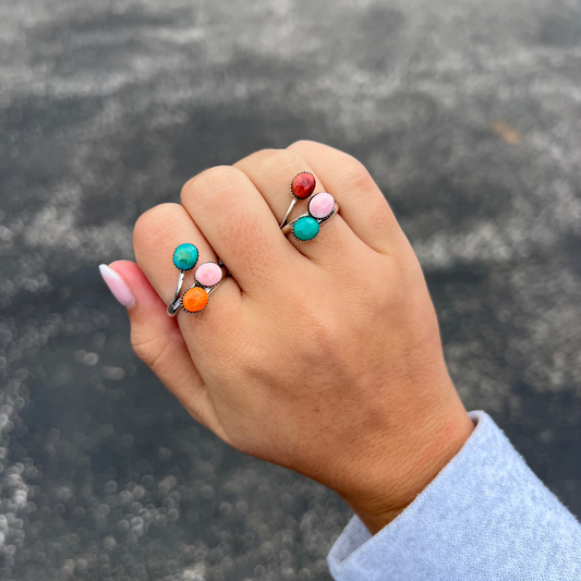 3 Stone Turquoise, Pink Conch, & Spiny Oyster Sterling Silver Ring