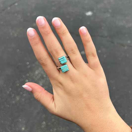 Genuine Turquoise Square Inlay Wrap Ring Sterling Silver