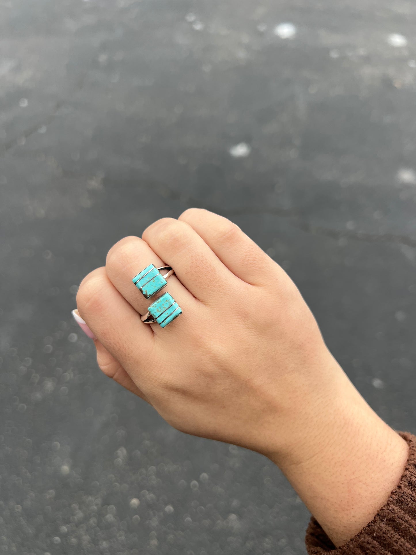 Genuine Turquoise Square Inlay Wrap Ring Sterling Silver