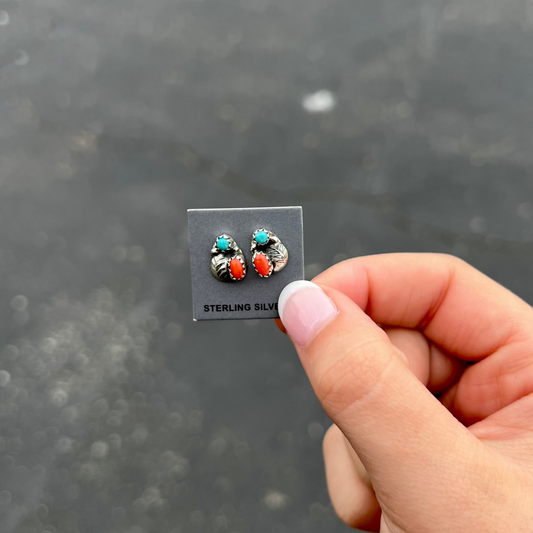 Genuine Turquoise and Coral with Leaf Sterling Silver Stud Earrings