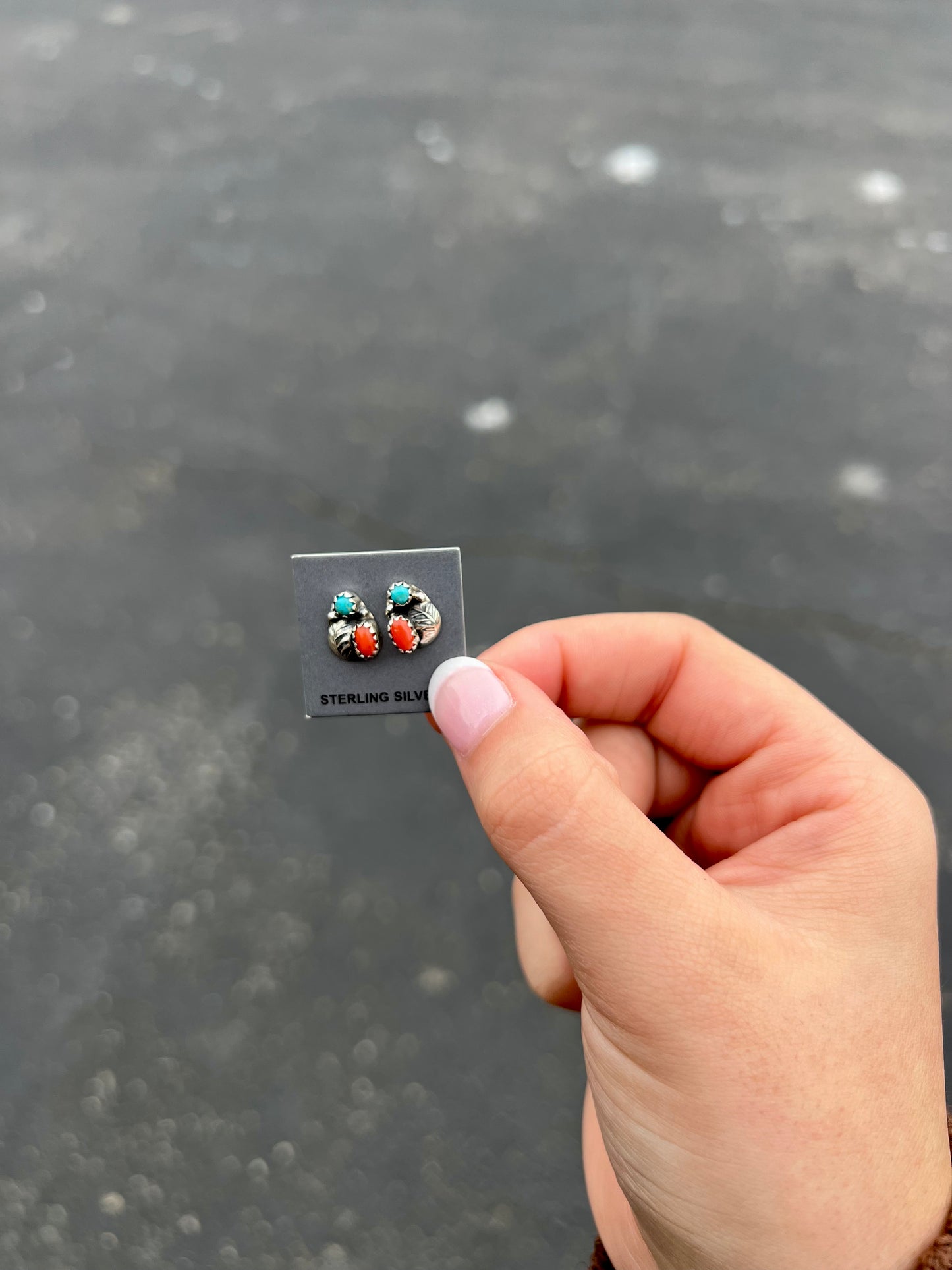 Genuine Turquoise and Coral with Leaf Sterling Silver Stud Earrings