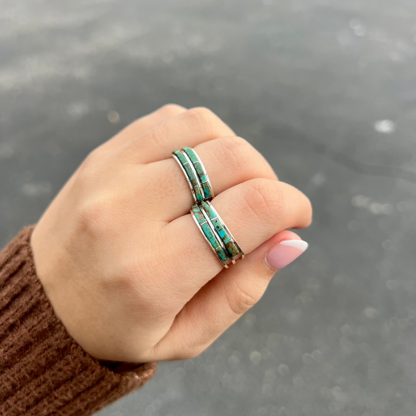 Authentic Green Turquoise Double Inlay Sterling Silver Ring