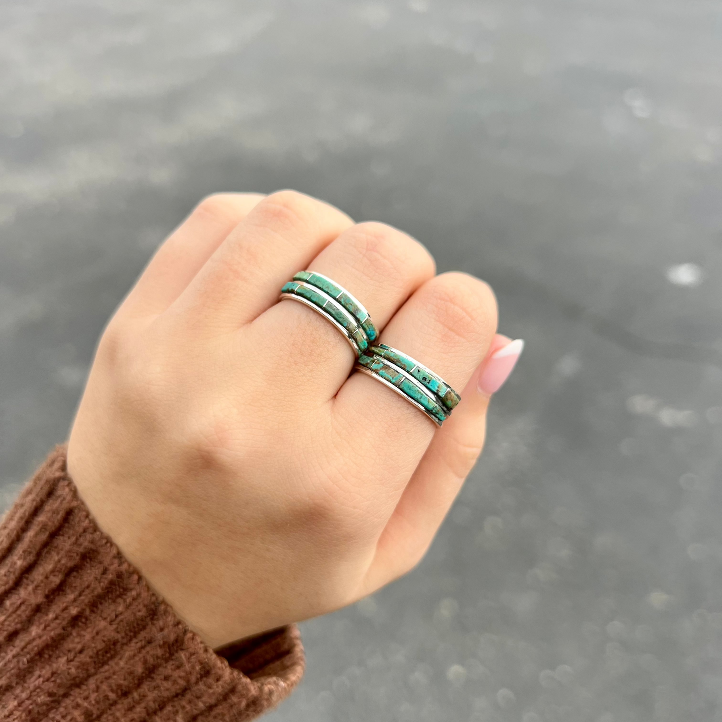 Authentic Green Turquoise Double Inlay Sterling Silver Ring