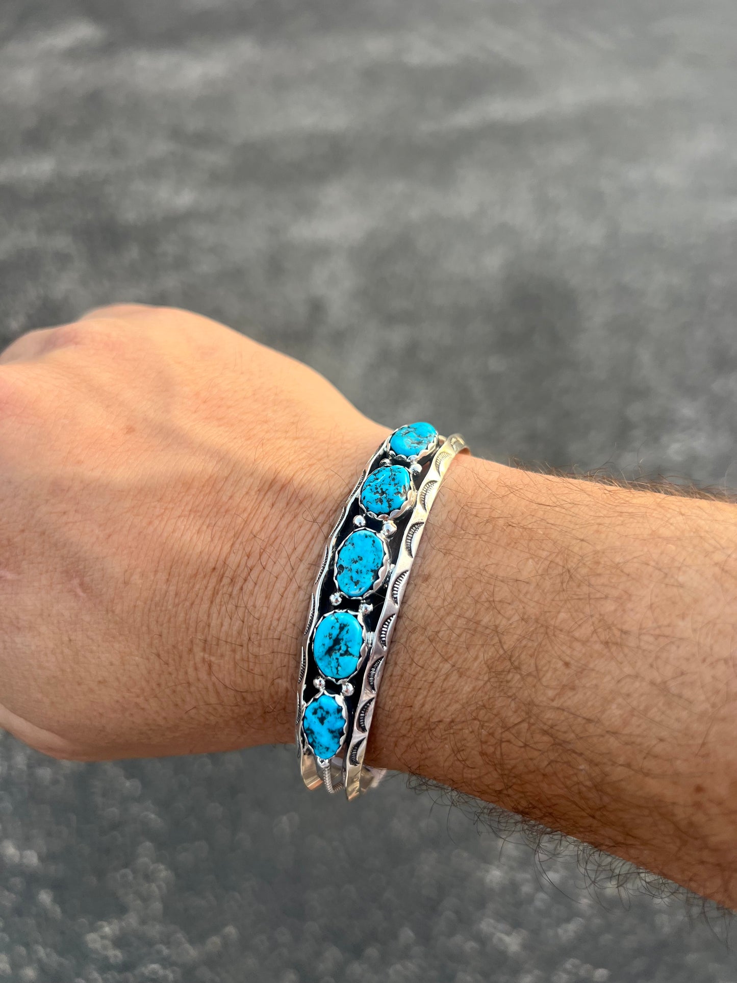 5 Stone Genuine Kingman Turquoise Sterling Silver Bracelet - Mens