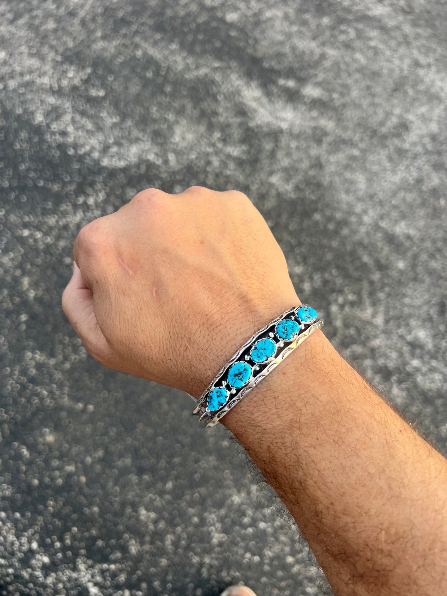 5 Stone Genuine Kingman Turquoise Sterling Silver Bracelet - Mens