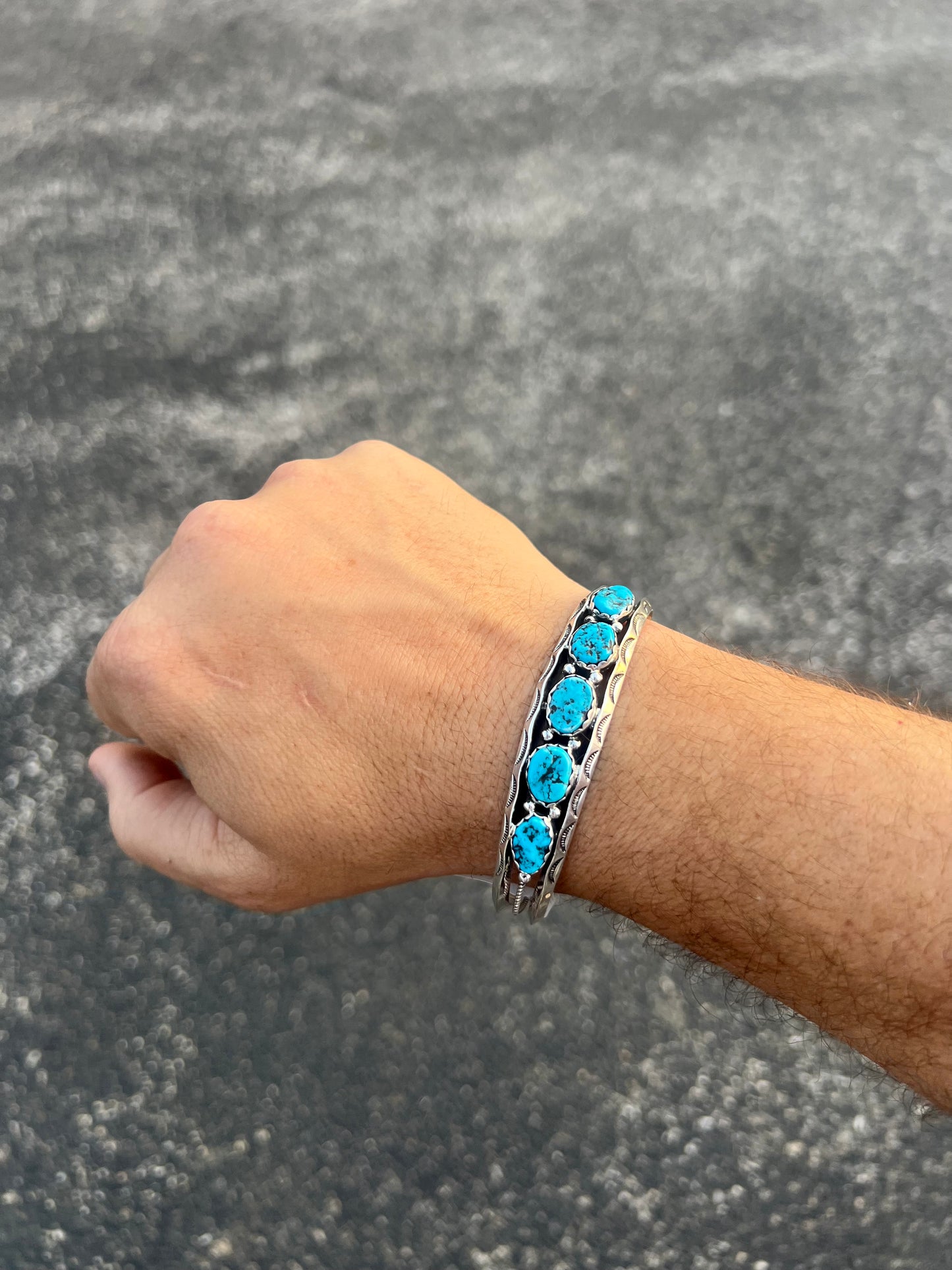 5 Stone Genuine Kingman Turquoise Sterling Silver Bracelet - Mens