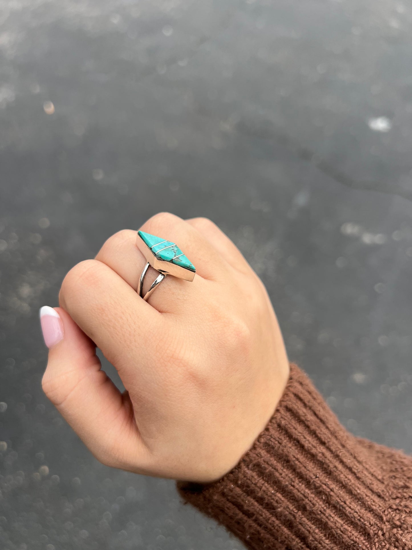 The Annie Genuine Turquoise Inlay Marquise Sterling Silver Ring