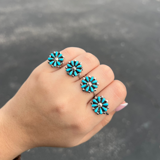 Genuine Turquoise Sterling Silver Petti Point Flower Ring