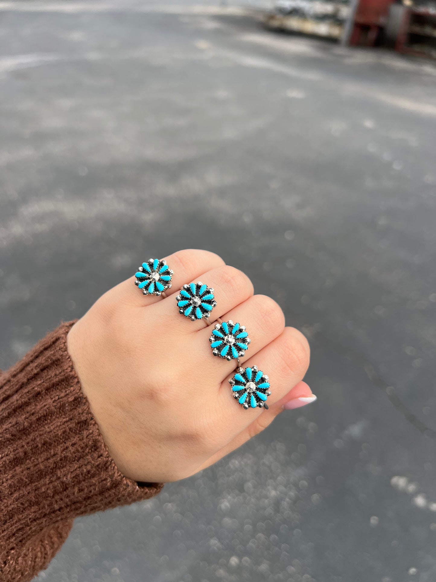 Genuine Turquoise Sterling Silver Petti Point Flower Ring