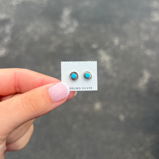 Zuni Genuine Coral or Turquoise Round Sterling Silver Studs