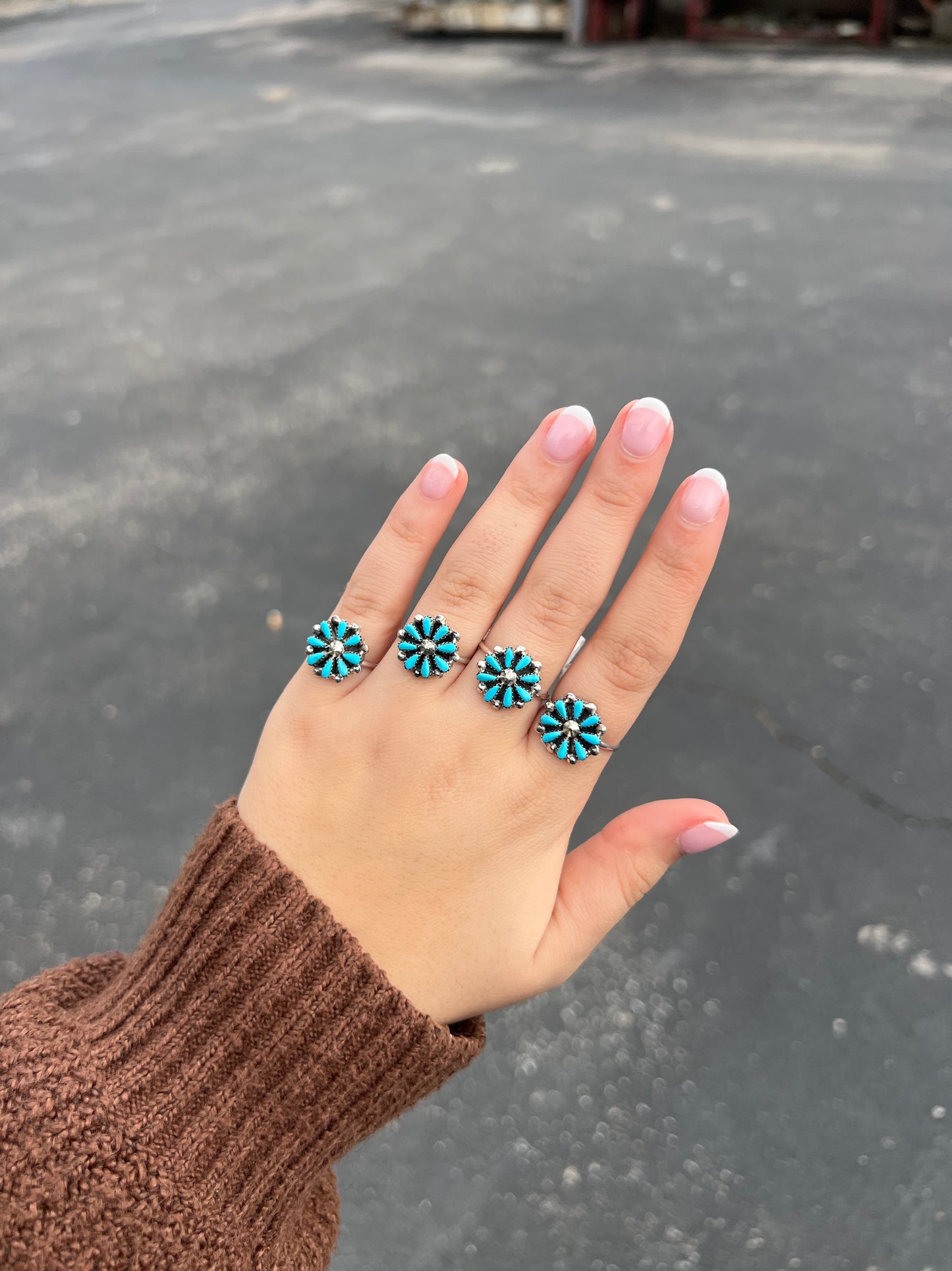 Genuine Turquoise Sterling Silver Petti Point Flower Ring