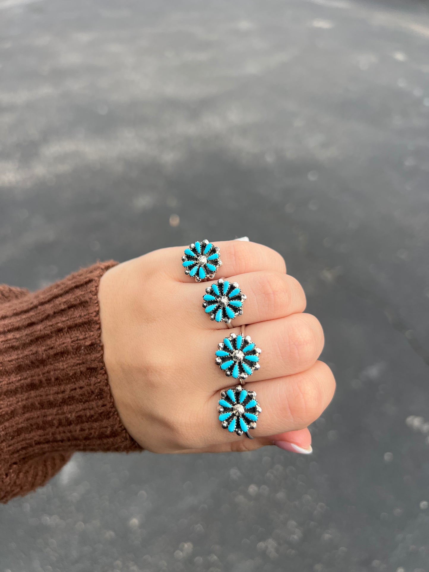 Genuine Turquoise Sterling Silver Petti Point Flower Ring