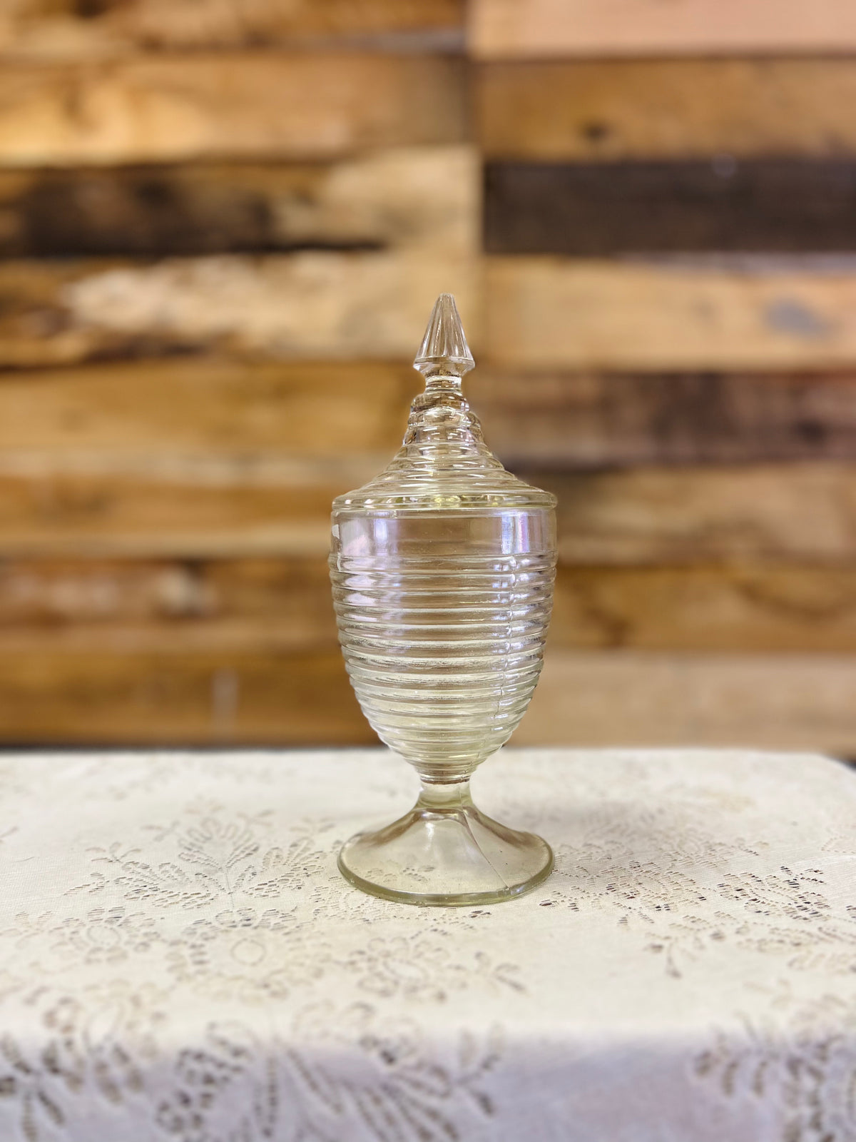 Vintage Anchor Hocking Glass Ringed Pedestal Dish with Lid
