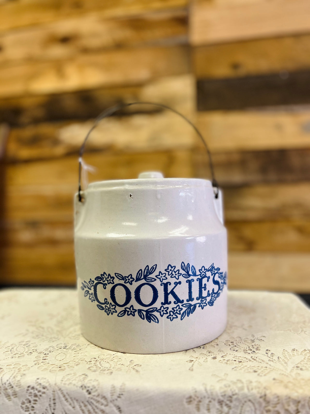 Vintage Blue and White Ceramic Cookie Jar with Wire Handle