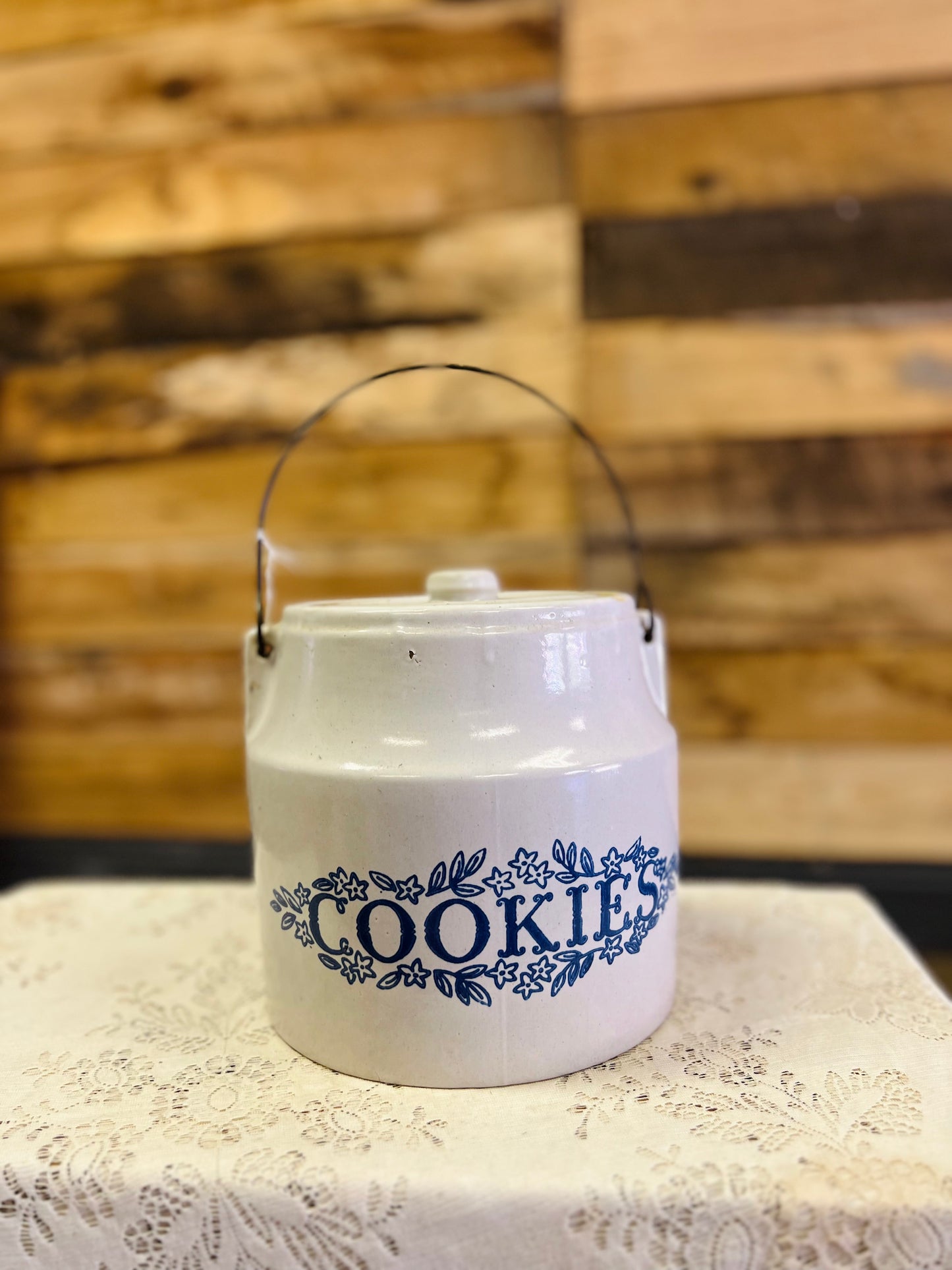 Vintage Blue and White Ceramic Cookie Jar with Wire Handle