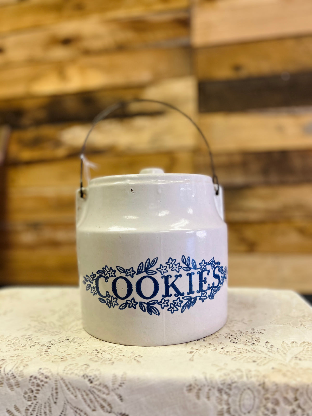 Vintage Blue and White Ceramic Cookie Jar with Wire Handle