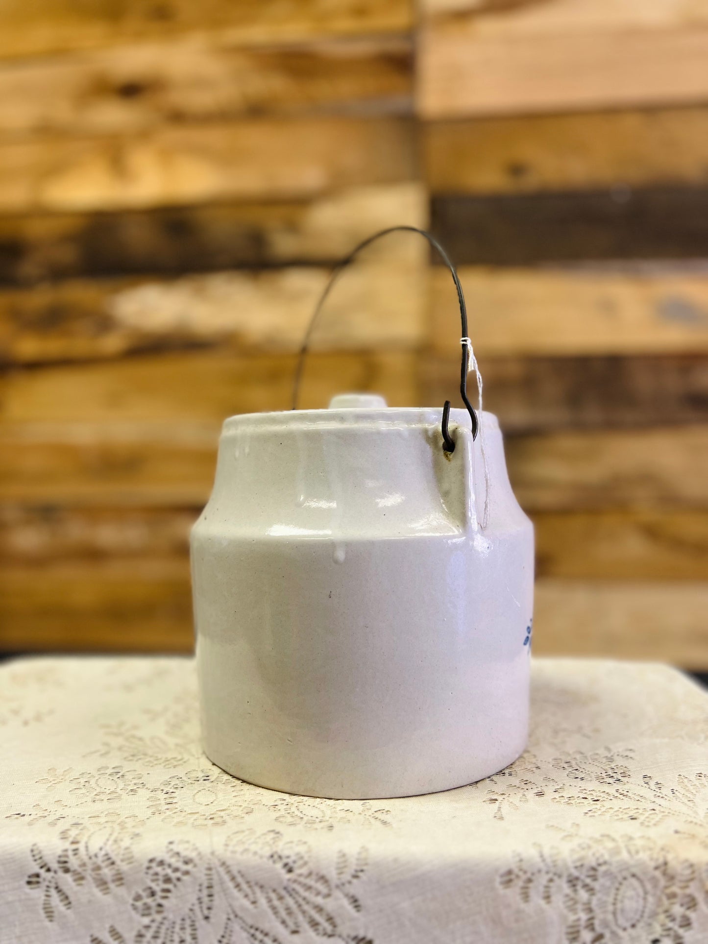 Vintage Blue and White Ceramic Cookie Jar with Wire Handle
