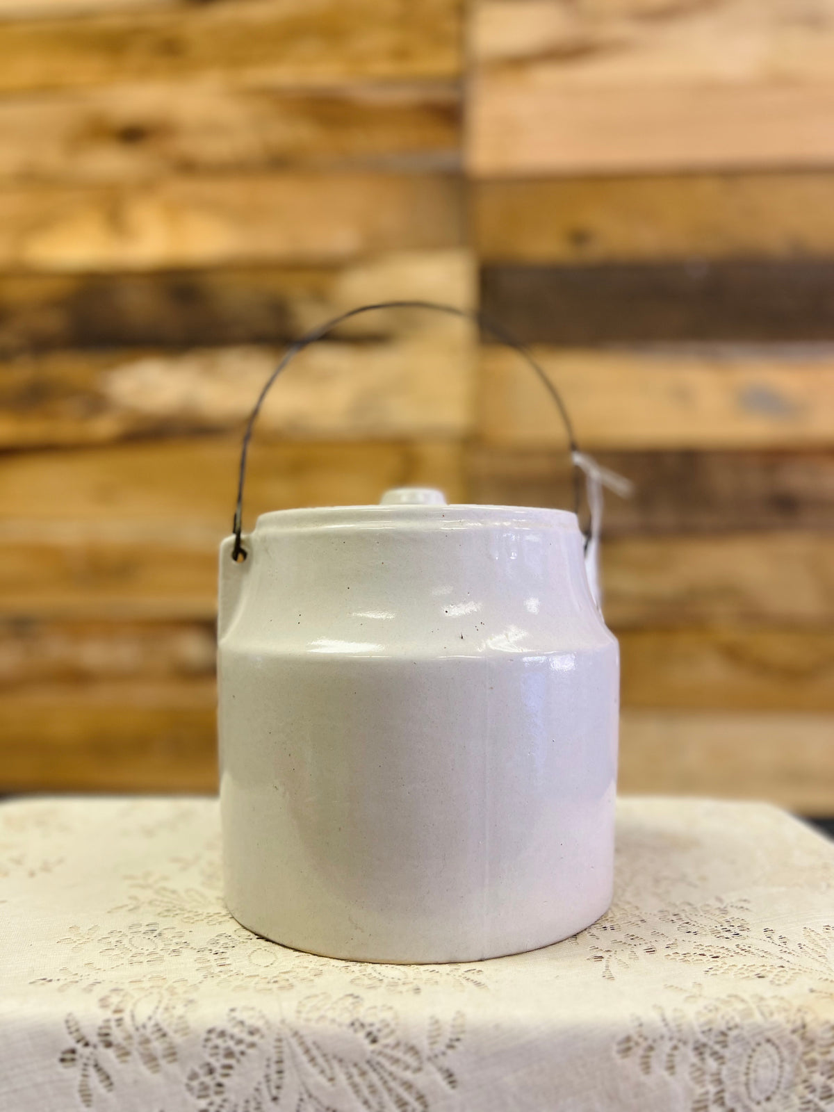 Vintage Blue and White Ceramic Cookie Jar with Wire Handle
