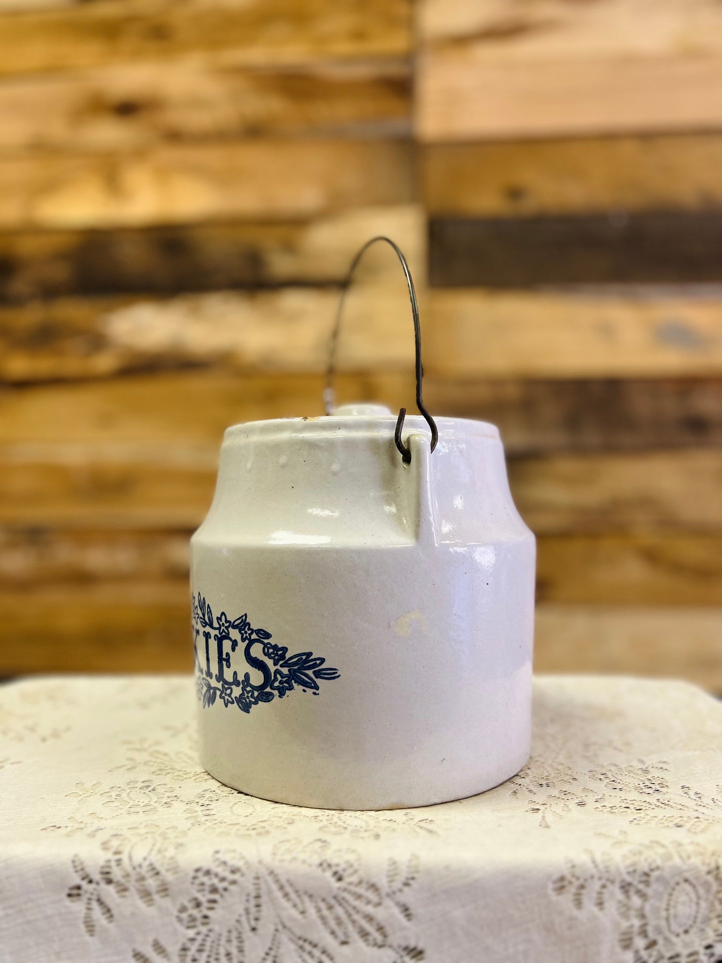 Vintage Blue and White Ceramic Cookie Jar with Wire Handle