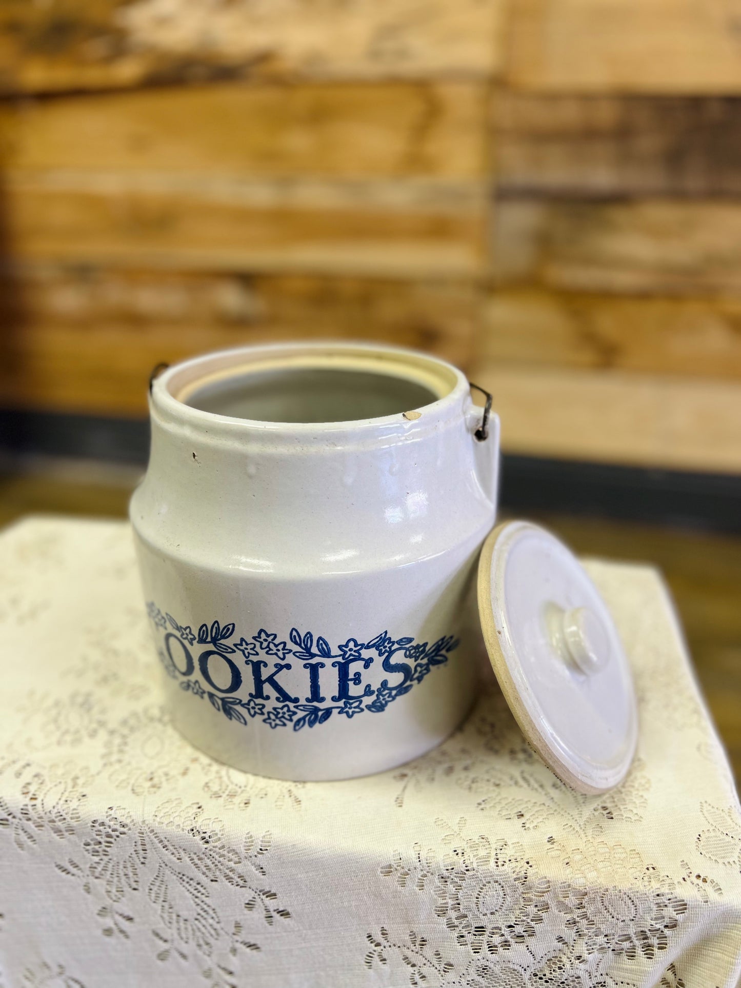 Vintage Blue and White Ceramic Cookie Jar with Wire Handle