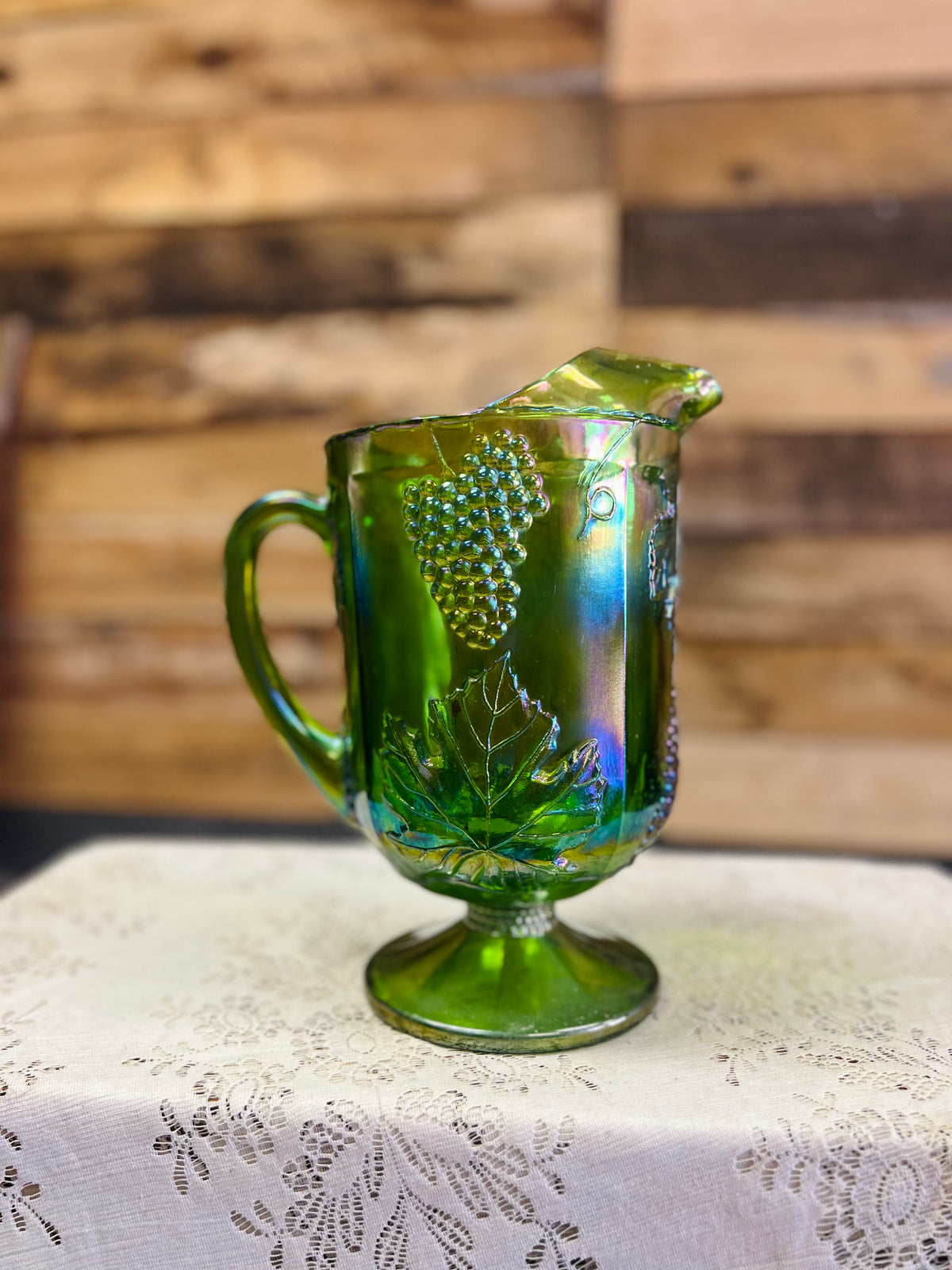 Vintage Indiana Glass Harvest Grape Green Carnival Glass Pitcher