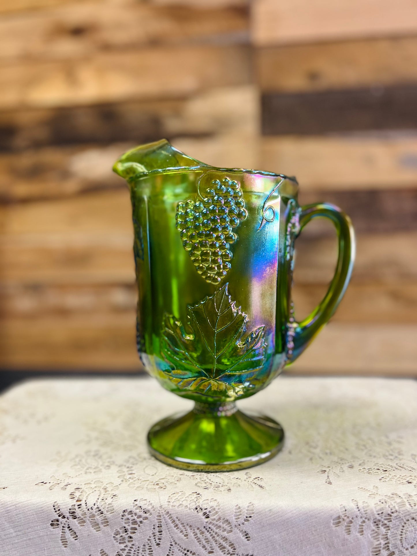 Vintage Indiana Glass Harvest Grape Green Carnival Glass Pitcher