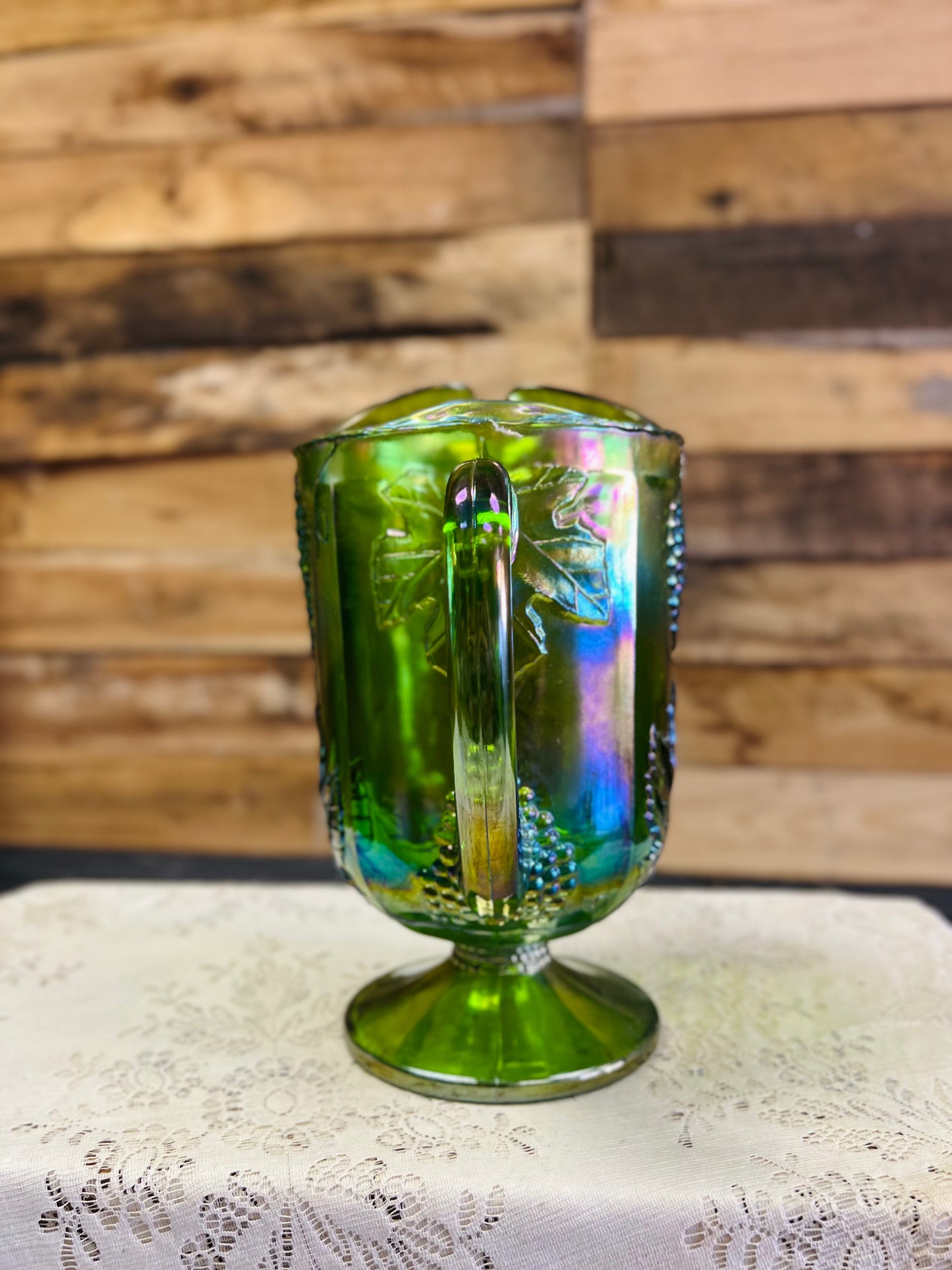 Vintage Indiana Glass Harvest Grape Green Carnival Glass Pitcher