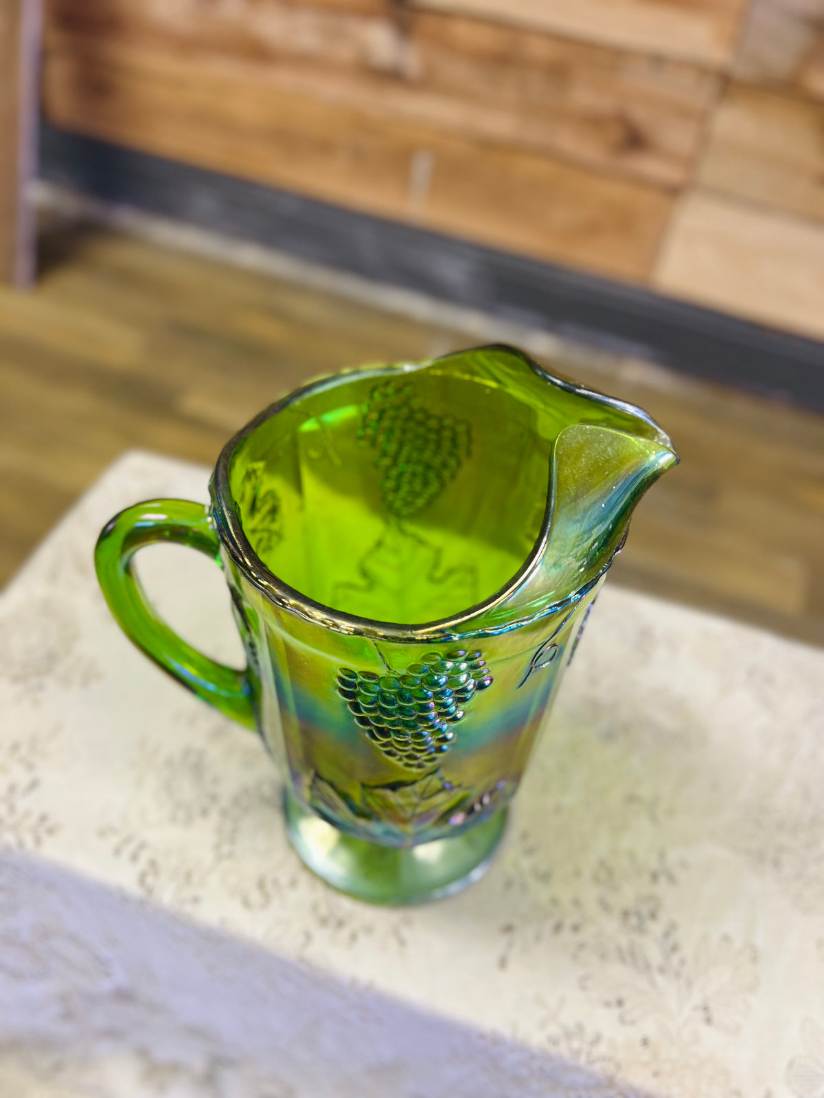 Vintage Indiana Glass Harvest Grape Green Carnival Glass Pitcher