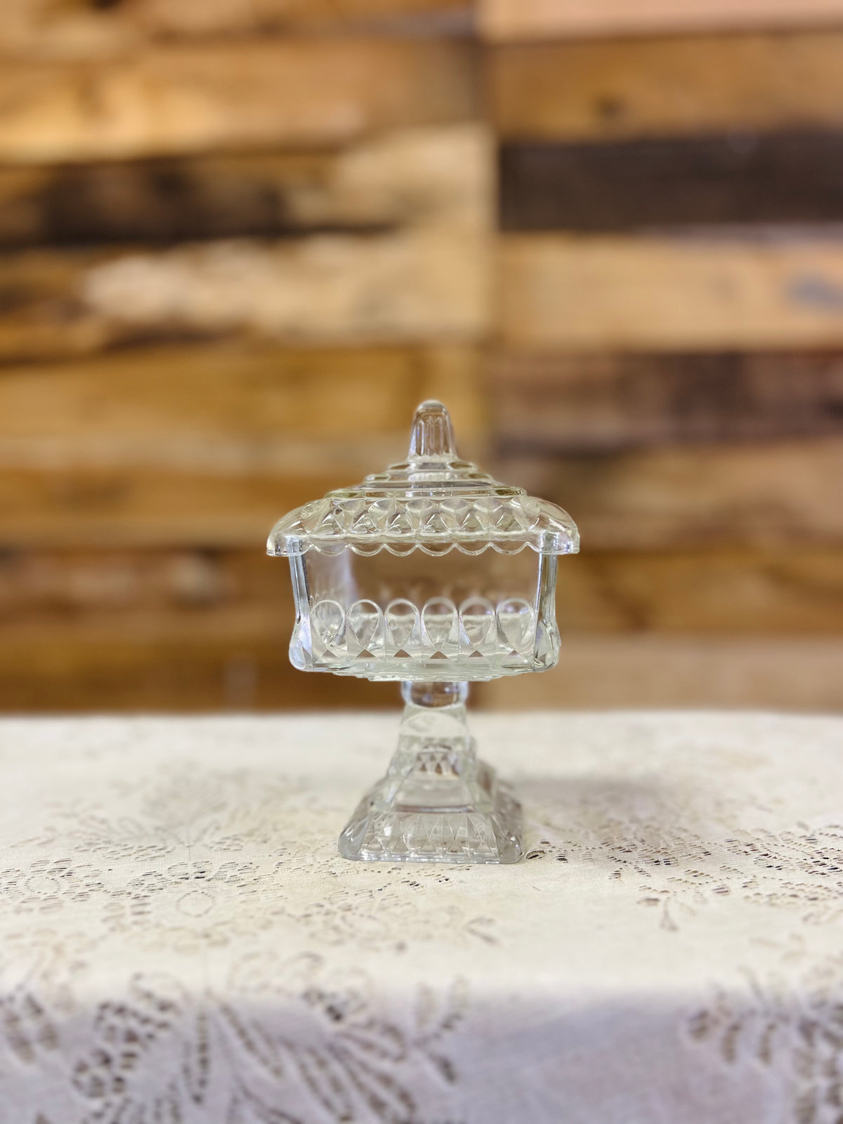 Vintage Clear Glass Pedestal Dish with Lid