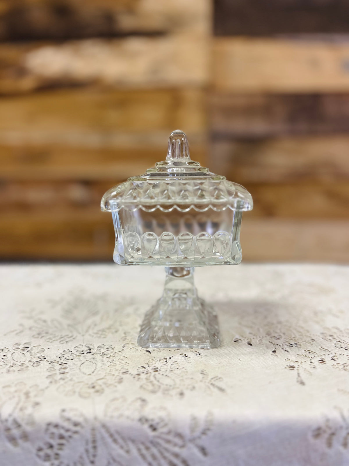 Vintage Clear Glass Pedestal Dish with Lid