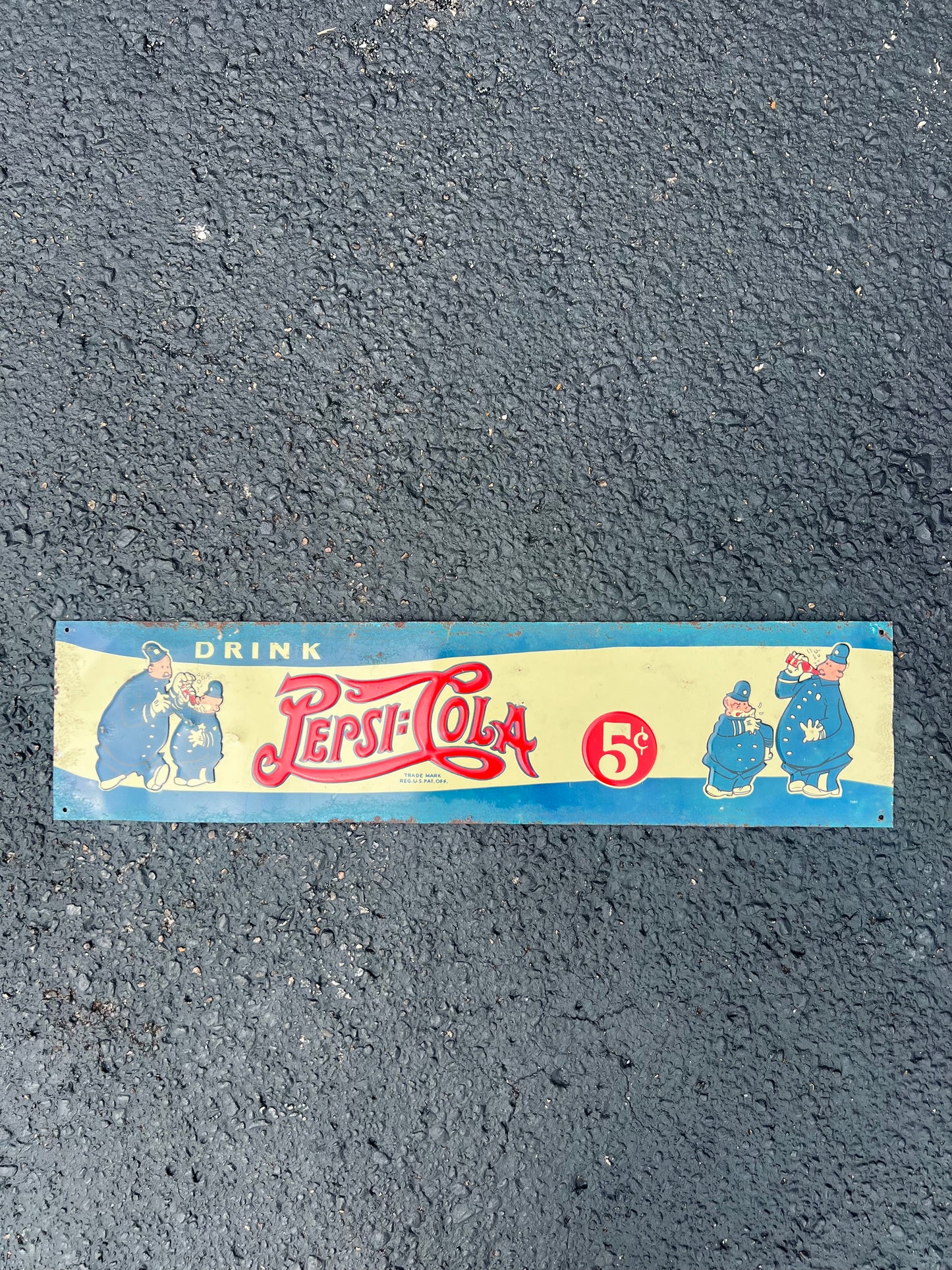 Vintage 1940s Cops Embossed Drink Pepsi Cola 5 Cents Tin Metal Sign Double Dot