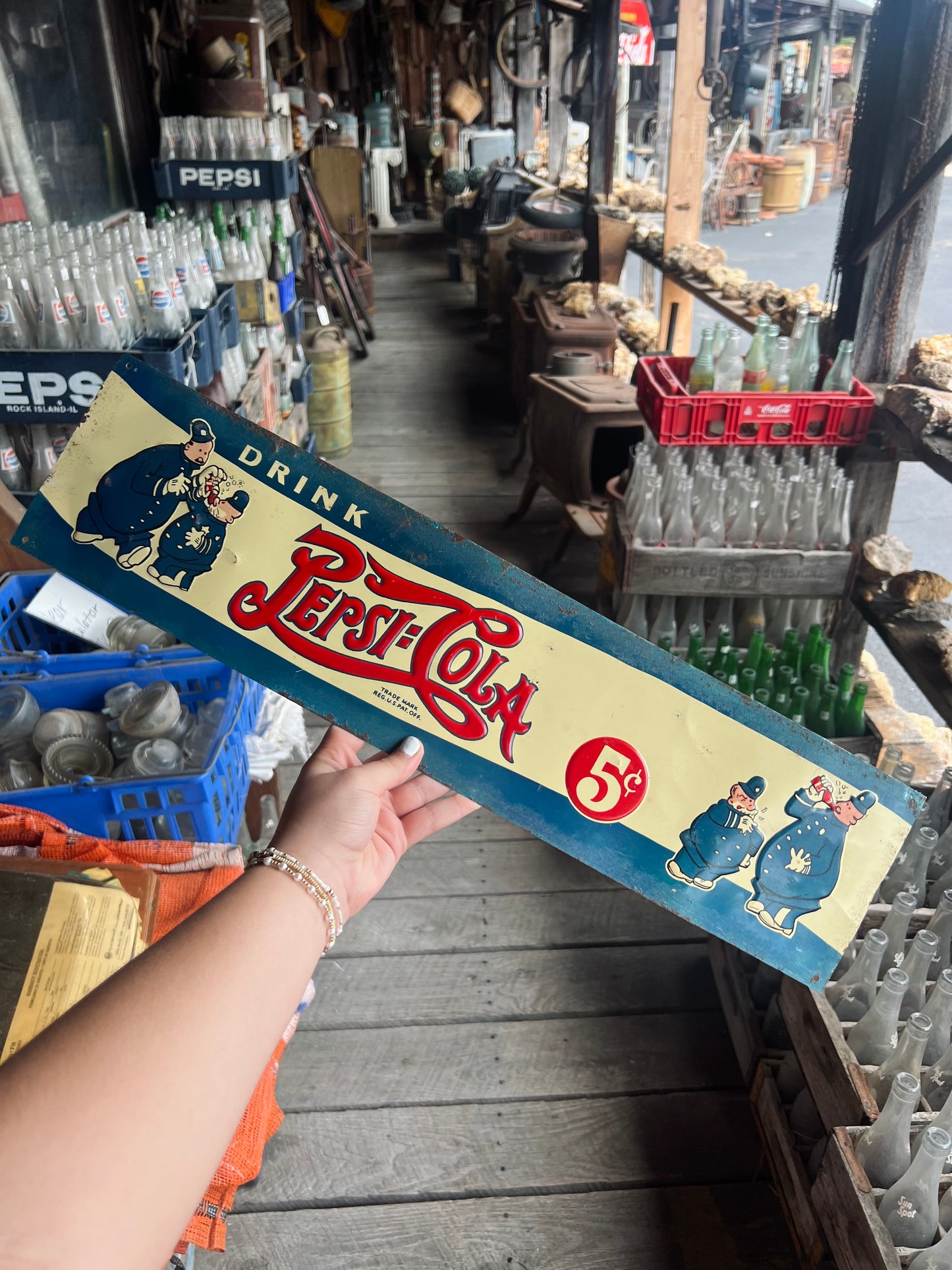 Vintage 1940s Cops Embossed Drink Pepsi Cola 5 Cents Tin Metal Sign Double Dot