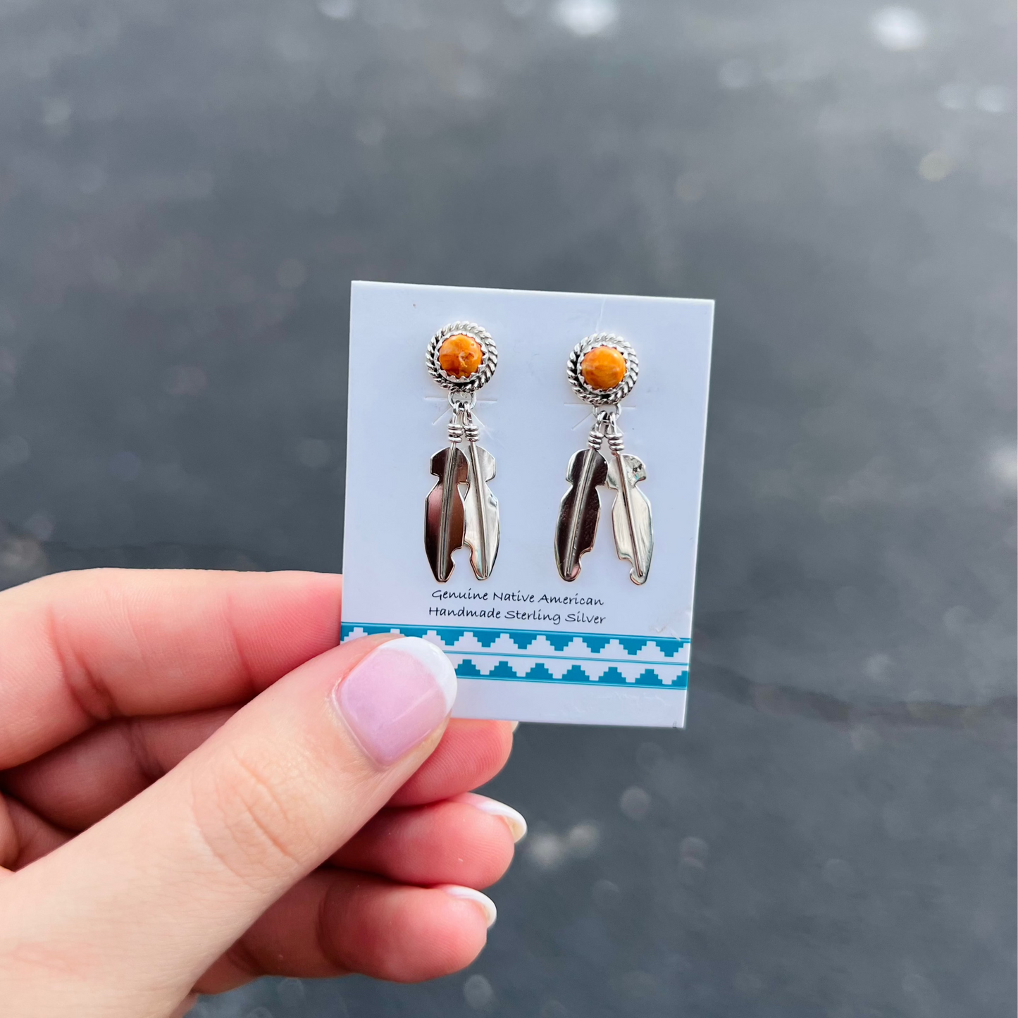 Genuine Orange Spiny Oyster Round Stud with Sterling Silver Feather Dangle Earrings