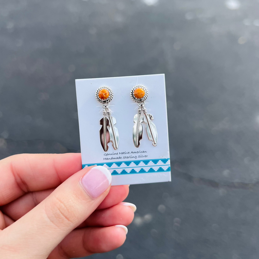 Genuine Orange Spiny Oyster Round Stud with Sterling Silver Feather Dangle Earrings