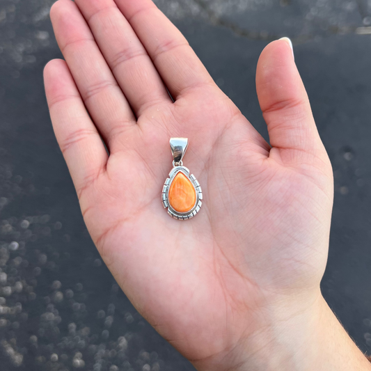 Authentic Orange Spiny Oyster Teardrop Sterling Silver Pendant