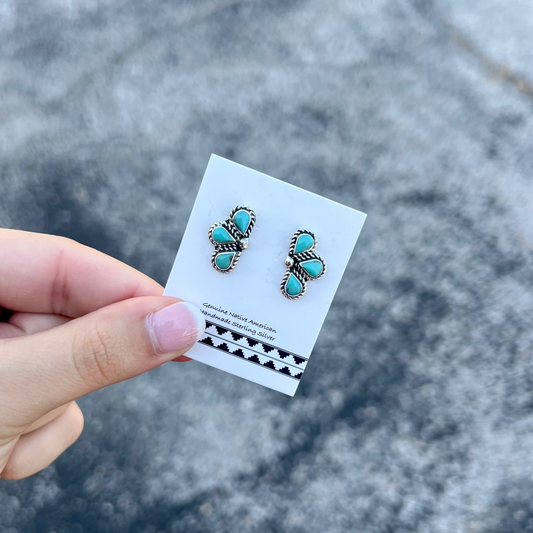 Genuine Turquoise Half Flower Sterling Silver Earrings