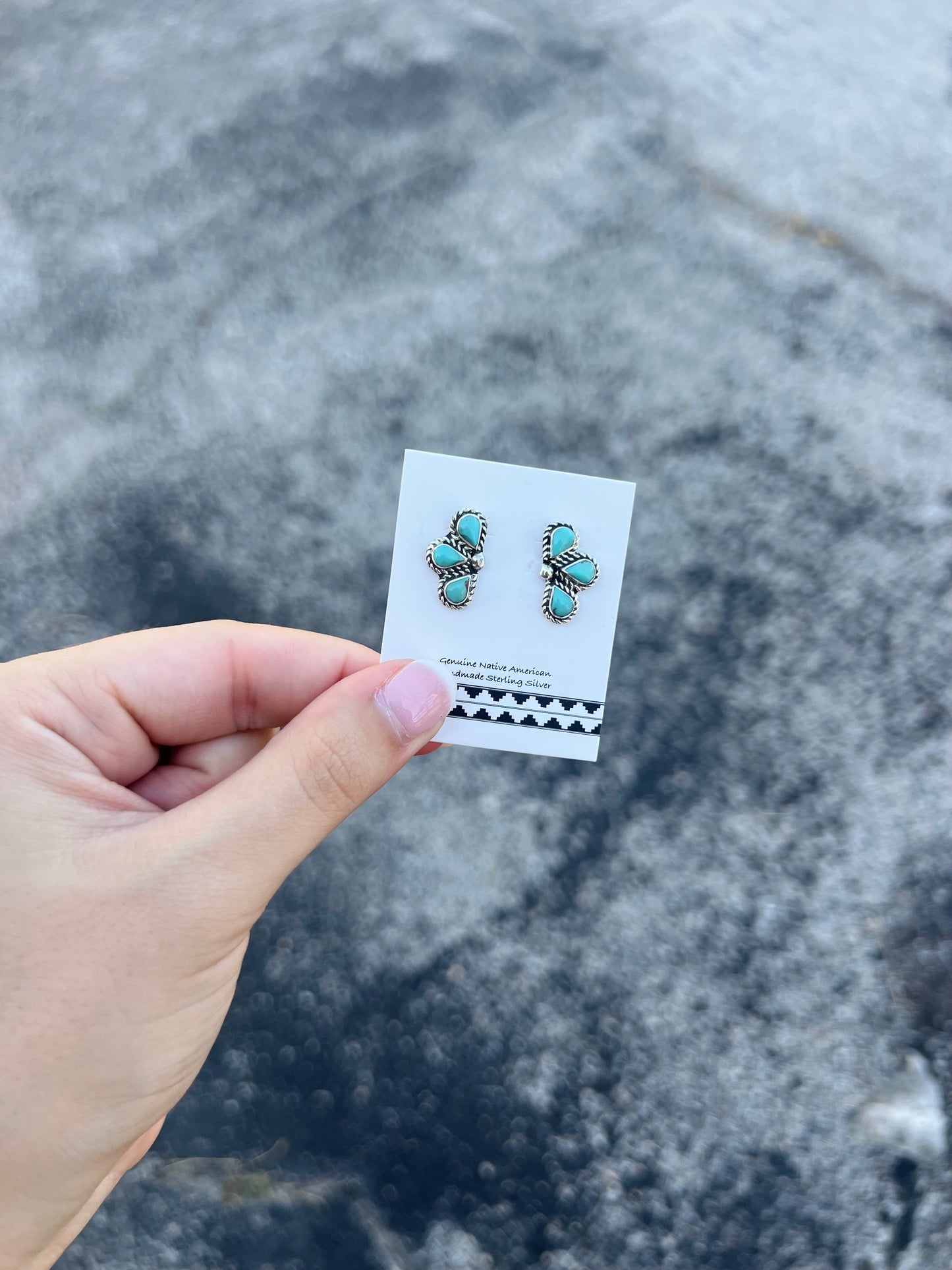 Genuine Turquoise Half Flower Sterling Silver Earrings