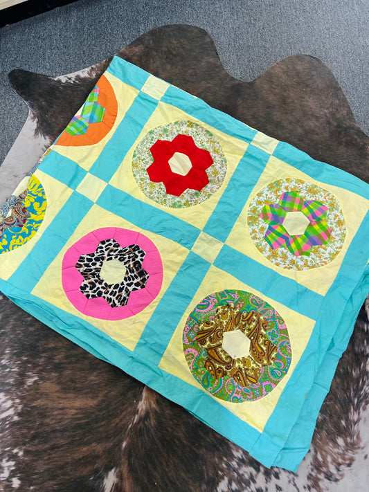 Vintage Blue Quilt Top with Multi Color Flowers