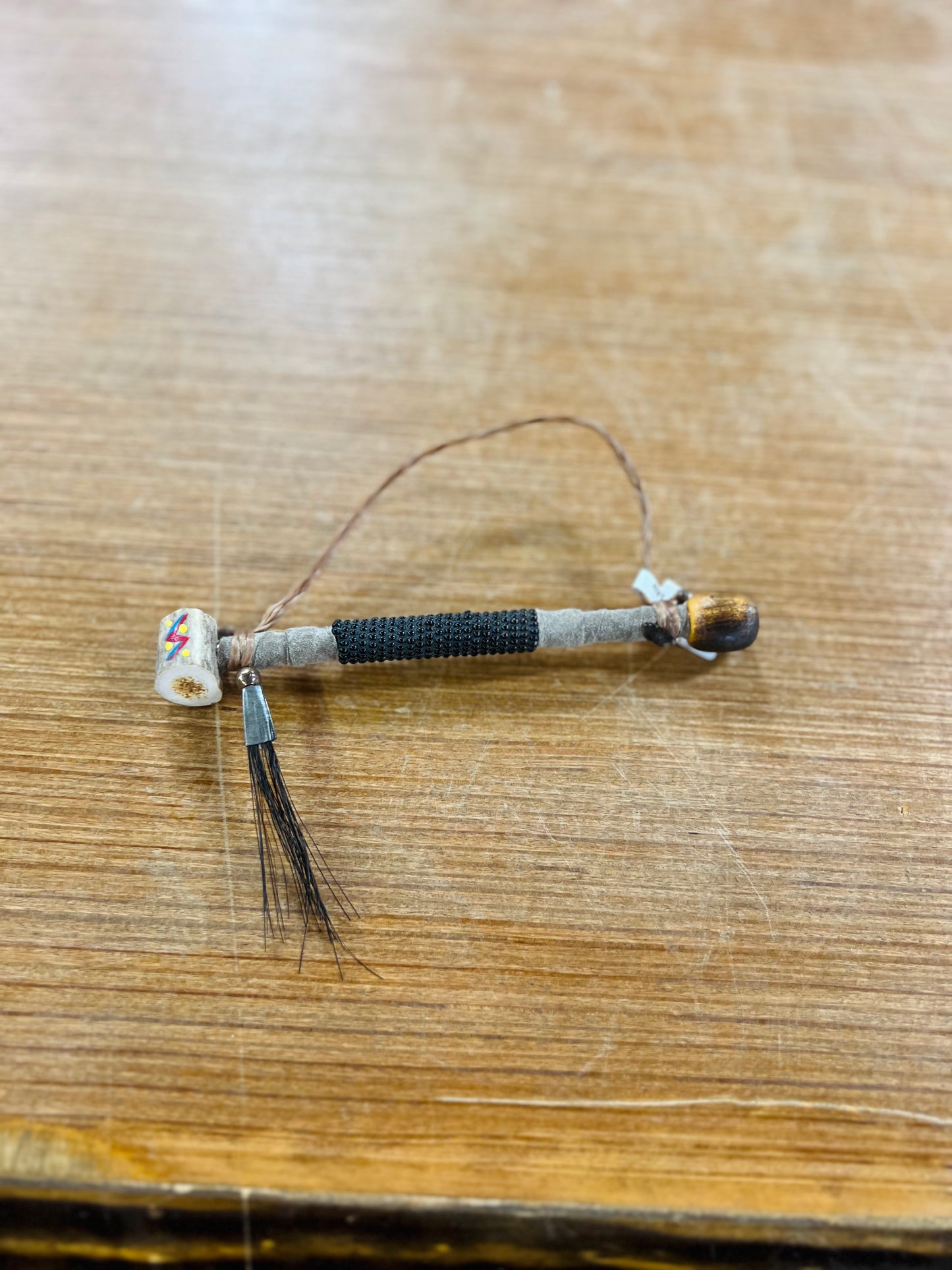 Leather Beaded Painted Antler Pipe - Navajo Handcrafted
