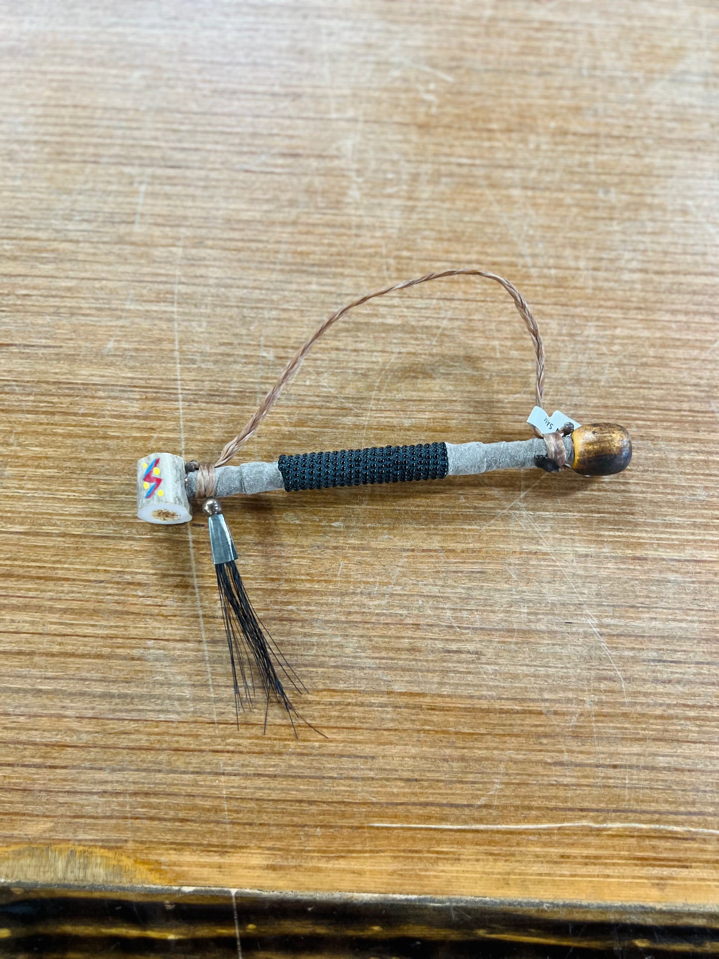 Leather Beaded Painted Antler Pipe - Navajo Handcrafted