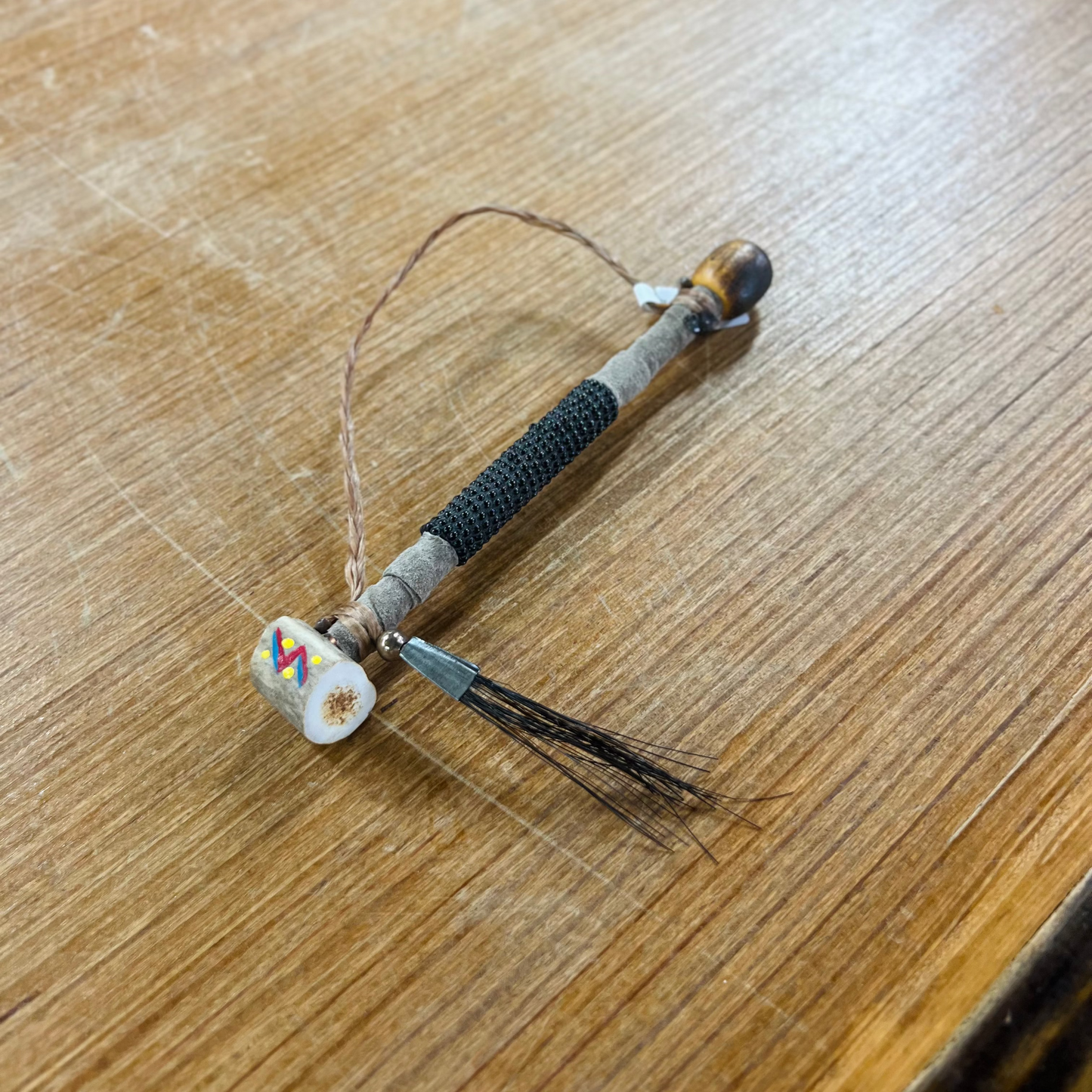 Leather Beaded Painted Antler Pipe - Navajo Handcrafted