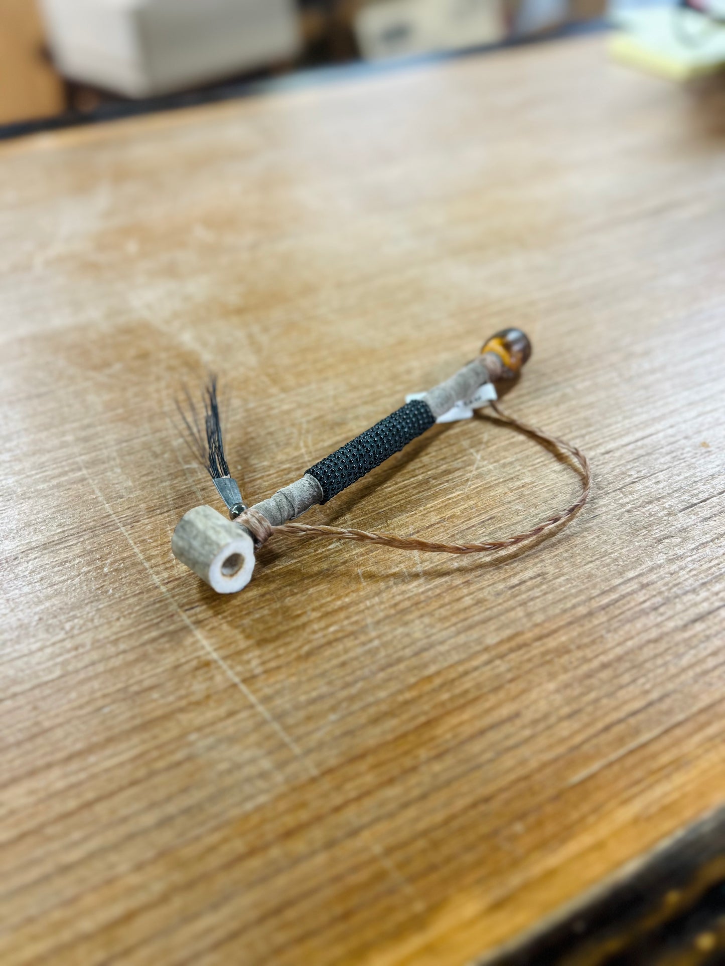 Leather Beaded Painted Antler Pipe - Navajo Handcrafted