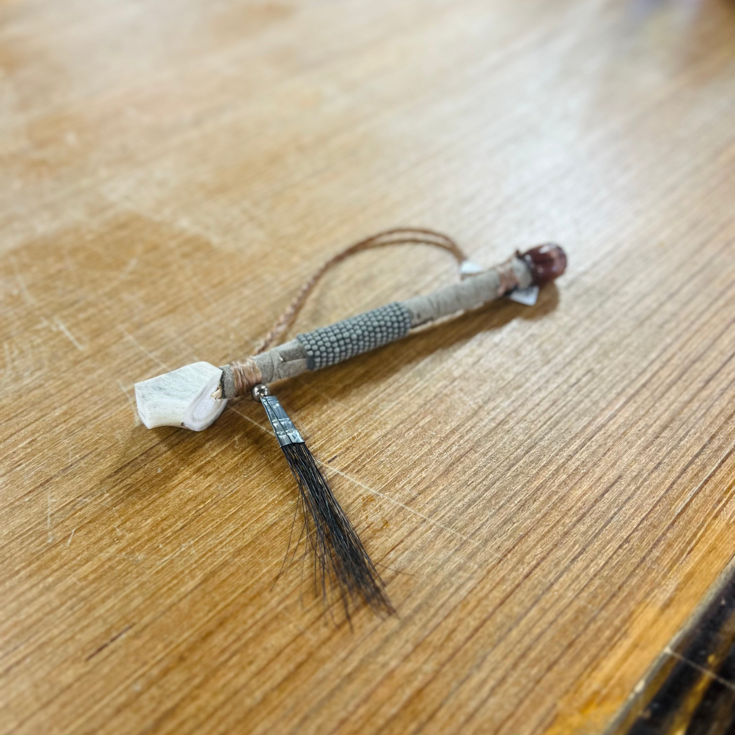 Grey Plain Beaded Leather Antler Pipe - Navajo Handcrafted