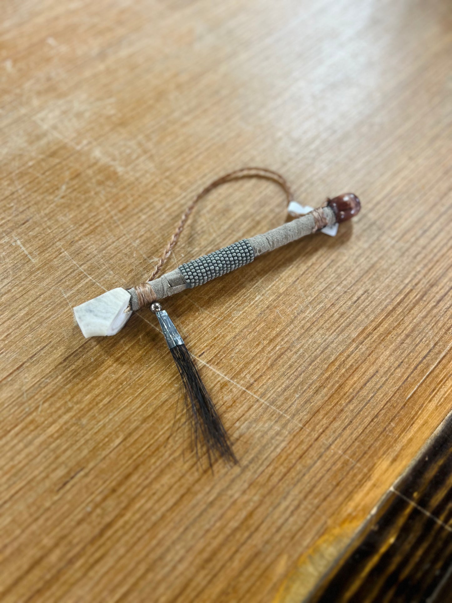 Grey Plain Beaded Leather Antler Pipe - Navajo Handcrafted