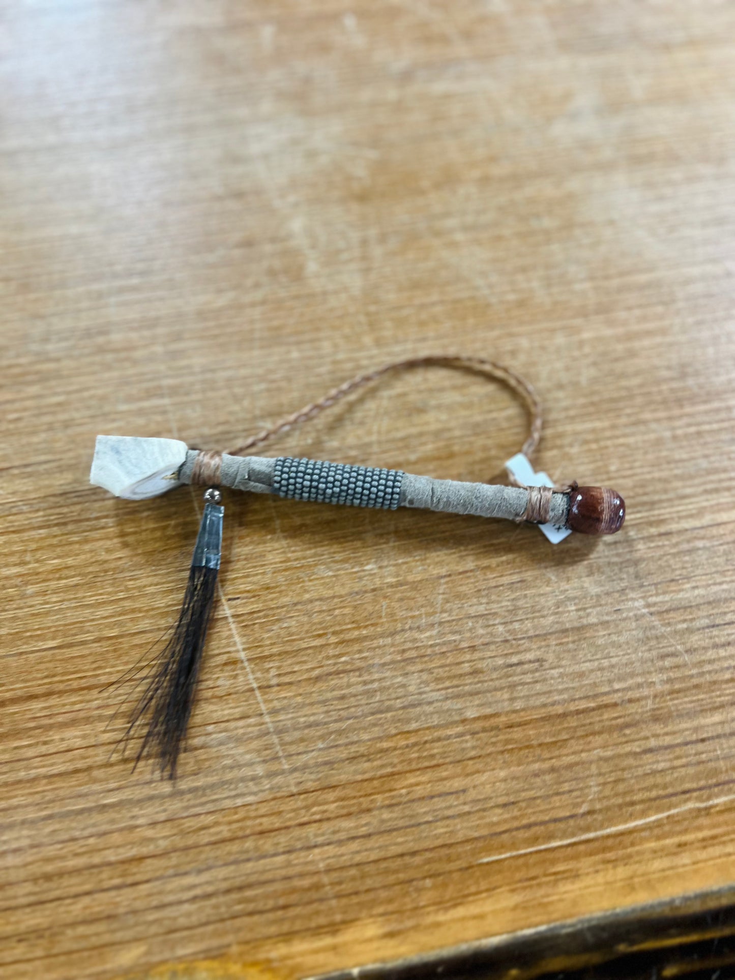 Grey Plain Beaded Leather Antler Pipe - Navajo Handcrafted