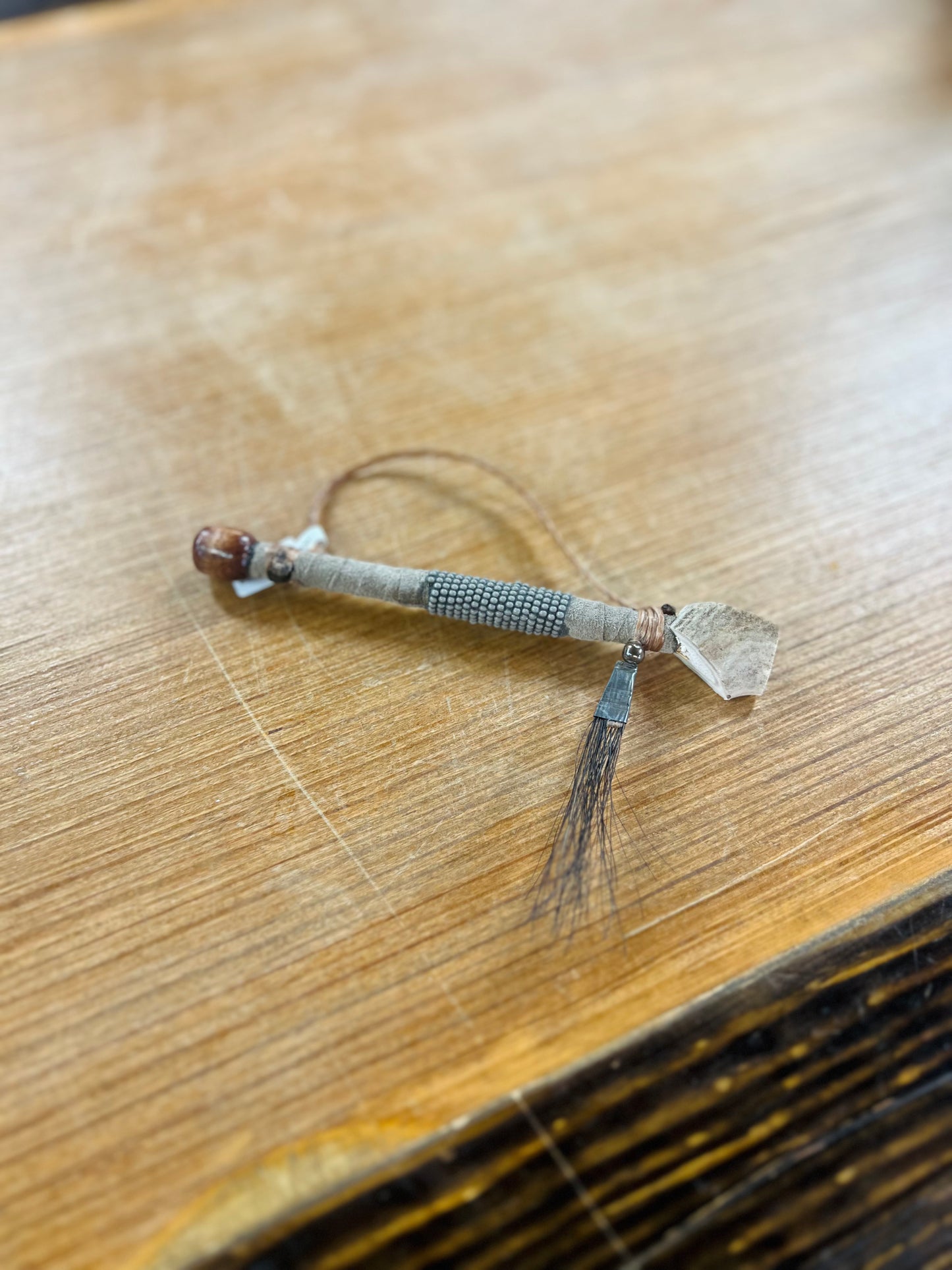 Grey Plain Beaded Leather Antler Pipe - Navajo Handcrafted