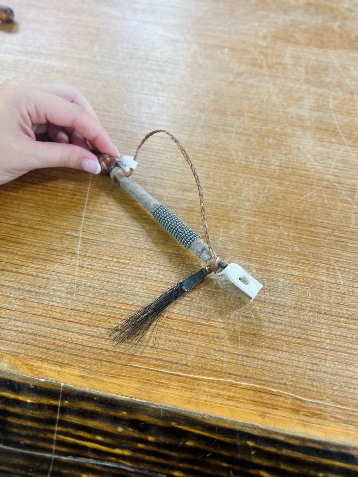 Grey Plain Beaded Leather Antler Pipe - Navajo Handcrafted